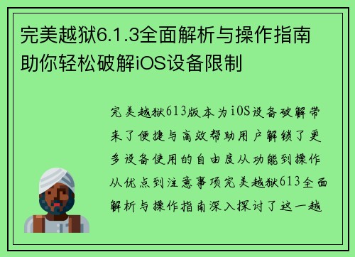 完美越狱6.1.3全面解析与操作指南 助你轻松破解iOS设备限制